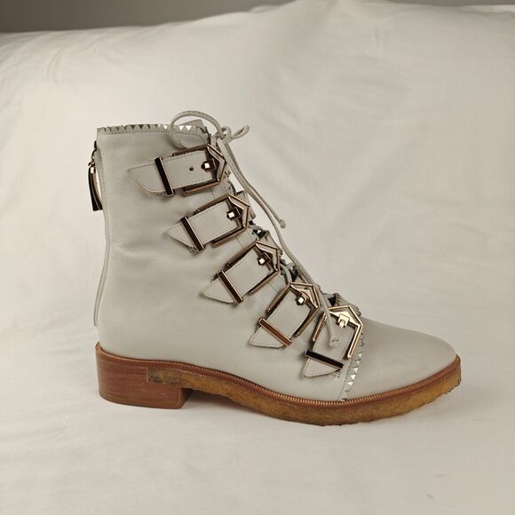 Femmes Sans Peur Buckles Lace Up Ankle Boots Ivory Gold Size 5.5/6 Y2K Western - Picture 3 of 10